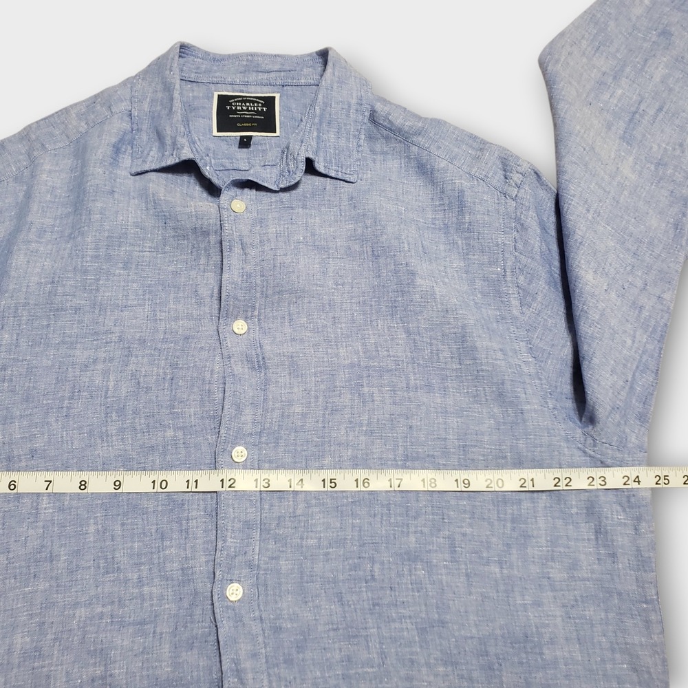 Charles Tyrwhitt Mens Large Classic Fit Blue 100% Linen Long Sleeve Button Shirt - Picture 8 of 11